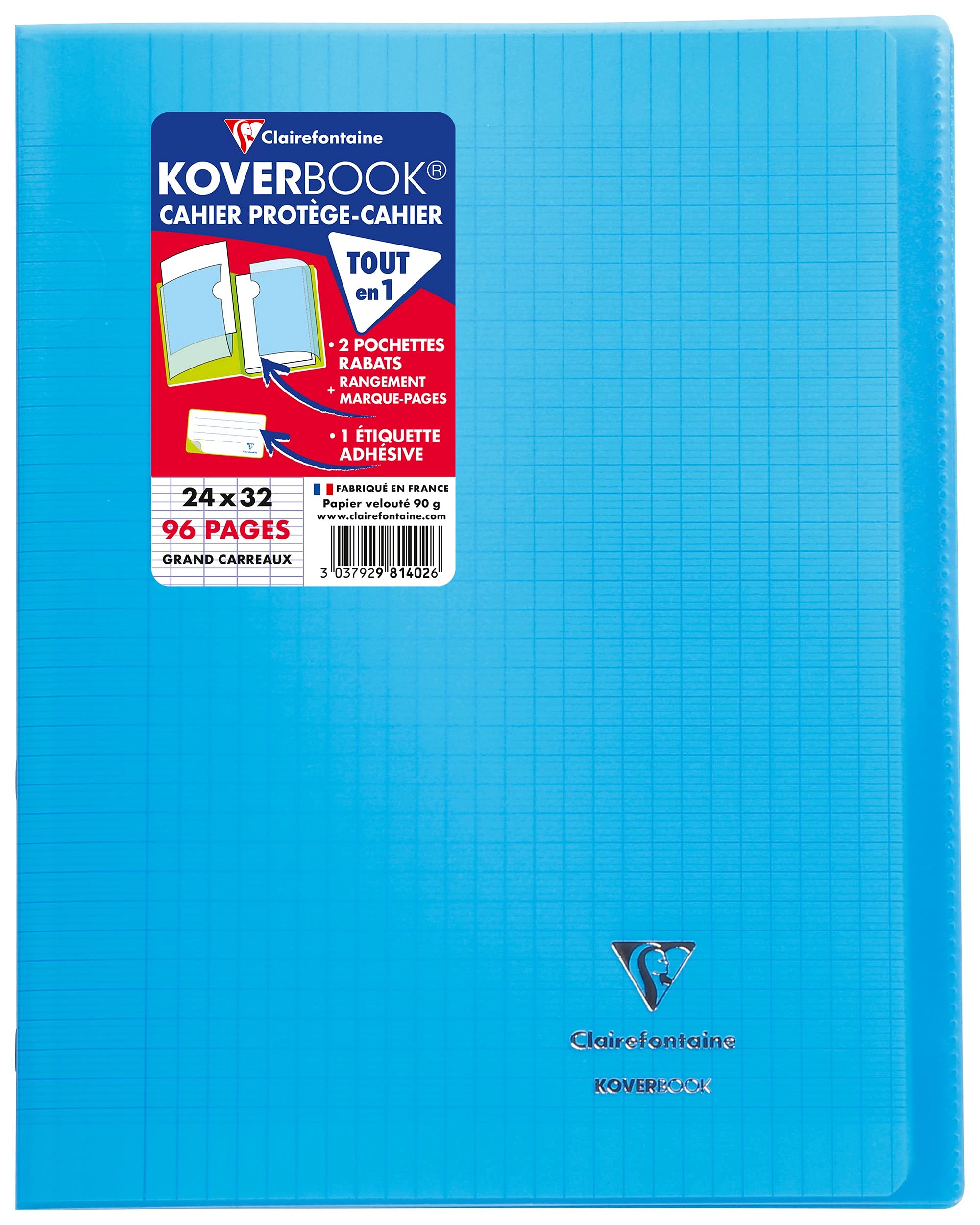 Clairefontaine 981402C - One Blue Koverbook Stapled Notebook - Dimensions: 24 cm x 32 cm - 96 Seyes Ruled Pages - White Vellum Paper 90 g - Polypro Cover