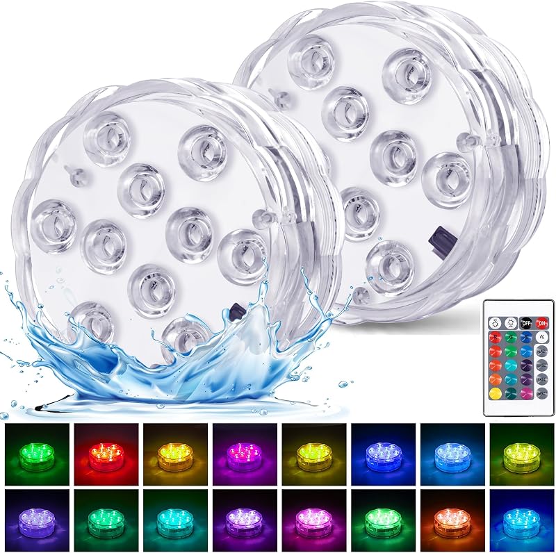 daphomeu Submersible LED Lights 2 Pack Remote Battery Powered RGB 16 Colors