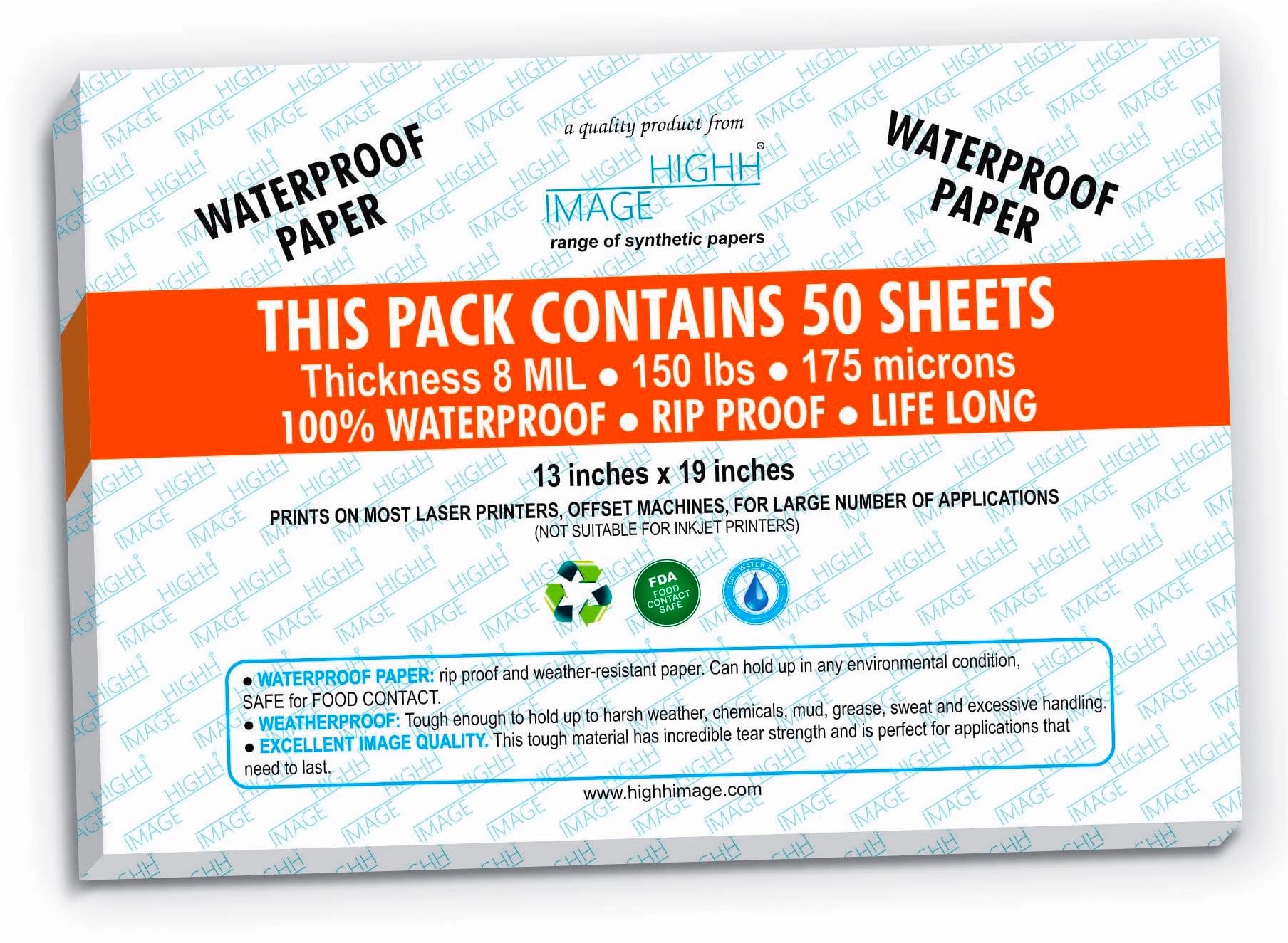 Waterproof Papers Tear-Proof Paper, Weather-Proof Paper 33 cm x 48.2 cm 50 Sheets, 250 GSM 175 Microns 8 MIL Laser Printer Paper