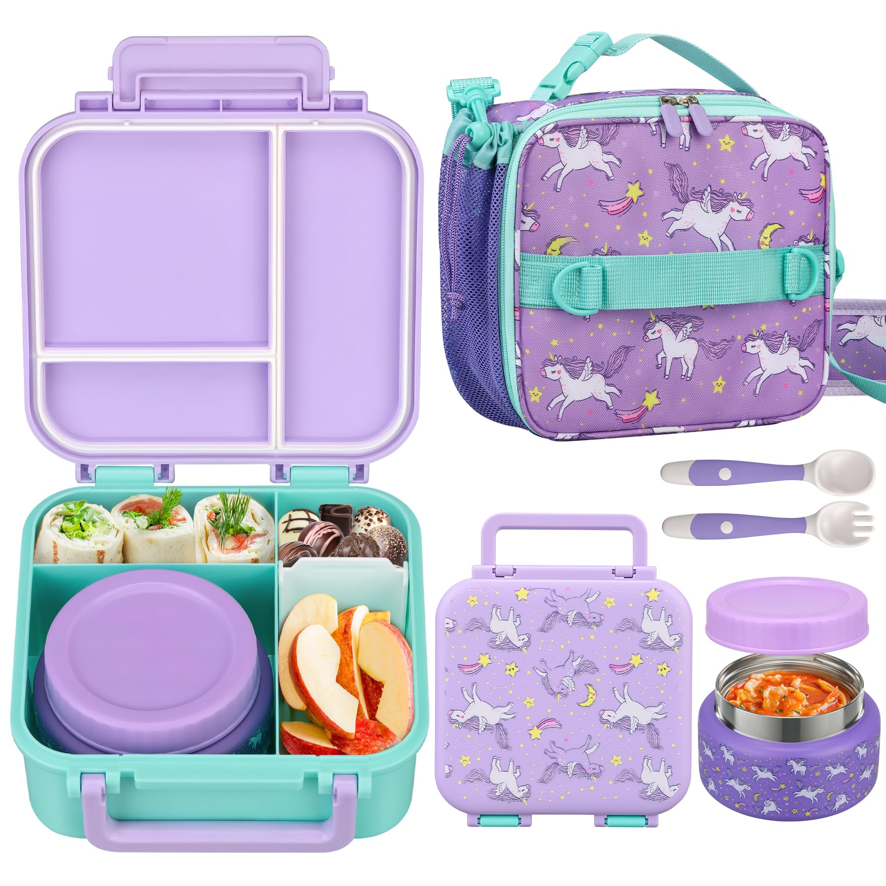 Photo 1 of **DAMAGED** BEAQUEE Kids Lunch Box Set with Bento Box, 9oz Stainless Steel Thermos & Insulated Lunch Bag – Hot & Cold Leakproof Lunch Container with Utensils for School & Travel, Purple Set