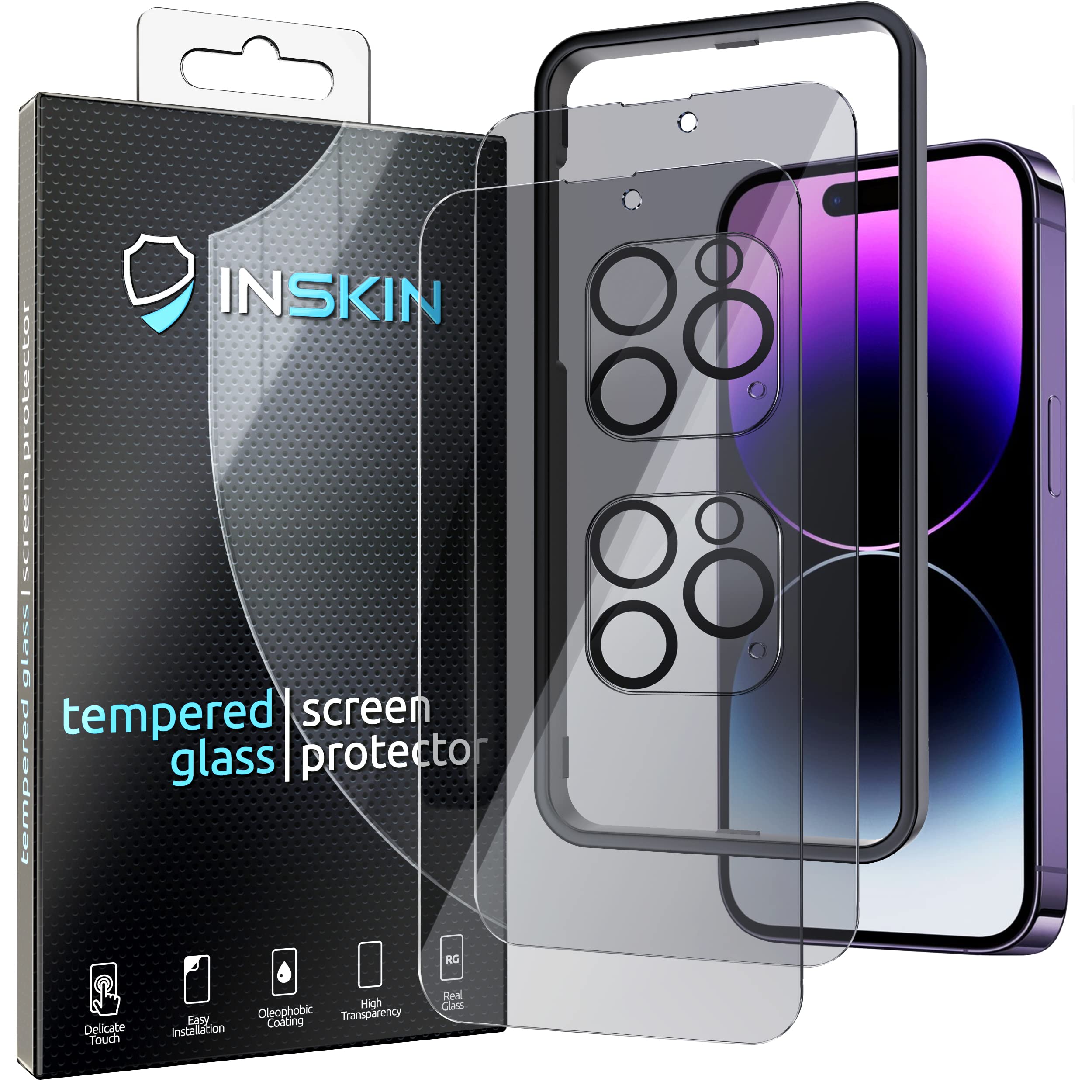 Inskin Privacy Anti-Spy Tempered Glass Screen and HD Clear Camera Lens Protector, fits iPhone 14 Pro Max 6.7 inch [2022]- 2+2 Pack with Auto Alignment Tool, Case-Friendly, 9H Hardness, Bubble Free