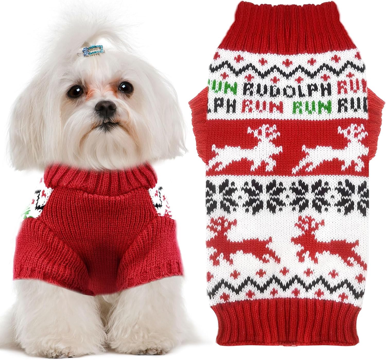 TENGZHI Dog Sweaters Christmas Outfits Costume Puppy Cat Winter Warm Knitwear Pullover Sweatshirt Pet Clothes(Running Reindeer,L)