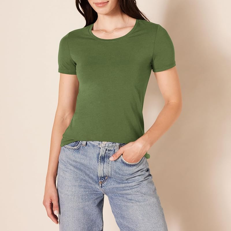 Damen T-Shirt mit kurzen Ärmeln und Rundhalsausschnitt in normaler Passform, 2er-Pack, Armeegrün/Minzgrün, S — Foto 3 von 8