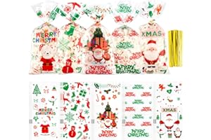 BOEIAC Christmas Treat Bags, 100 PCS Christmas Cellophane Treat Bags, Plastic Clear Xmas Candy Bag with 100 Pcs Twist Ties for Cookie Goodies Gift Present Wrap for Xmas Party Favor Supplies, 5.04x10.63 Inch