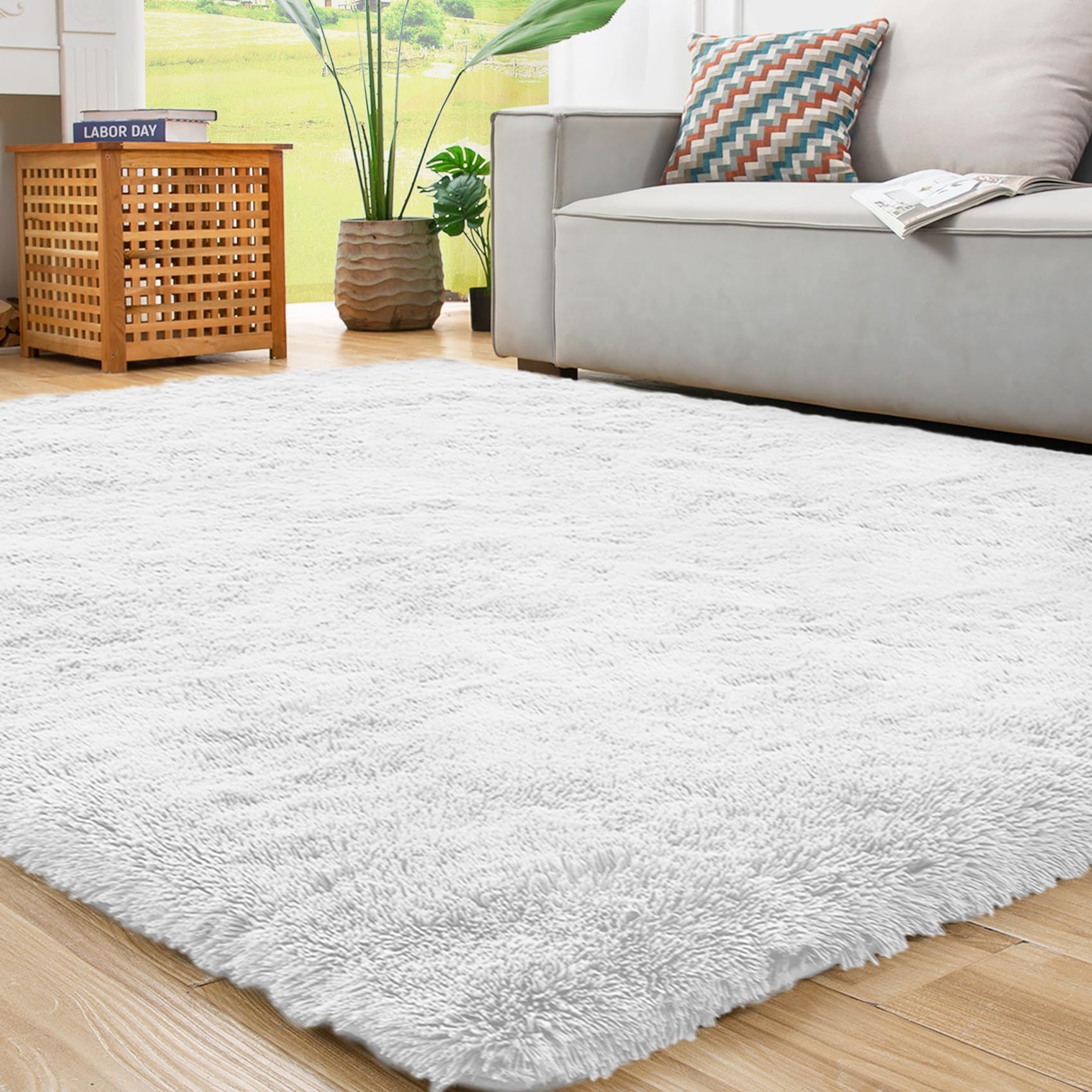 Photo 1 of ROCYJULIN Area Rug 6x9 for Living Room, 6x9 Area Rugs for Bedroom, Non-Slip Carpet for Dorm Room, Fluffy Shag Rug for Playroom, Fuzzy Rug for Kids Room, Pure White