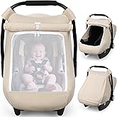 Rquite Car Seat Cover Baby, Carseat Covers Girl Boy, Breathable Muslin Cotton, Large Mesh Window, Infant Car Seat Canopy Baby Carrier Cover Stroller Sun Shade for Summer & Hot Day, Beige