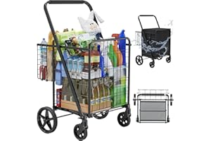 JIALIJIU Folding Shopping Cart with Waterproof Bag, Grocery Cart with Encrypted Mesh Bottom, 23 Gal Double Basket & 360° Swivel Wheels, 260 Lbs Heavy Duty Shopping Carts for Groceries, Laundry