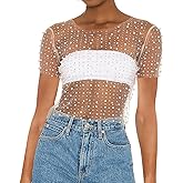 Naileksi Women Pearl Rhinestone Sheer Mesh Crop Tee Top Sexy See Through Short Sleeve Slim Fit Crop T-Shirt Club Summer