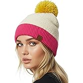 Funky Junque Fuzzy Pom Beanie for Women – Sherpa Lined Cozy Winter Hat, Warm Colorblock Beanies for Cold Weather Style
