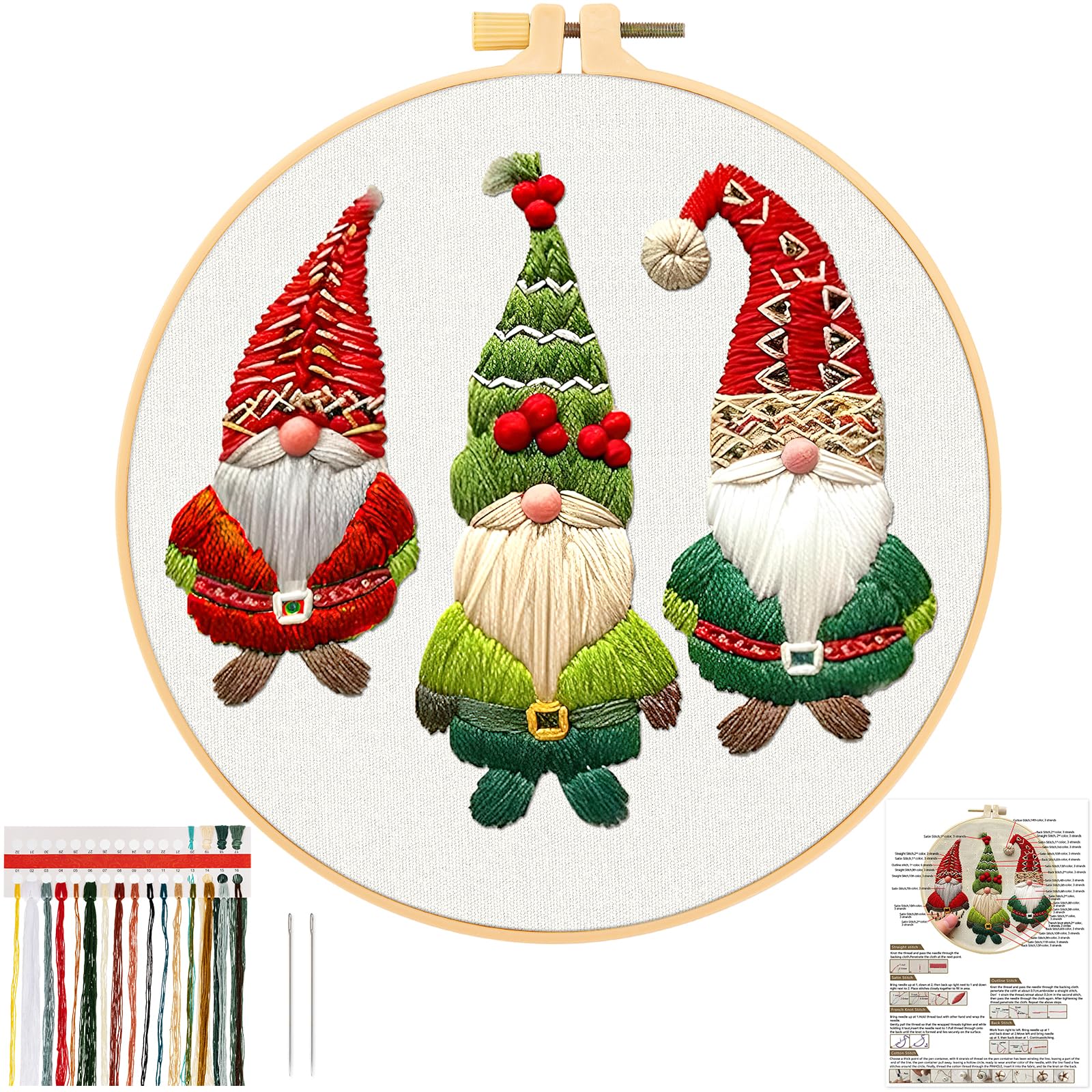 JSRQT Christmas Elves Embroidery Starter Kit for Adults Beginners,DIY Embroidery Needlepoint Supplies Kit Include Embroidery Cloth, Embroidery Hoops, Color Threads, Needles and Instructions