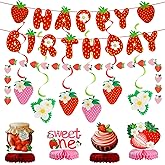 Strawberry Birthday Party Decorations for Girls Strawberry Happy Birthday Banner Paper Strawberry Banner Hanging Swirl Table Honeycomb Berry Party Set for Strawberry Theme Birthdays Party Supplies