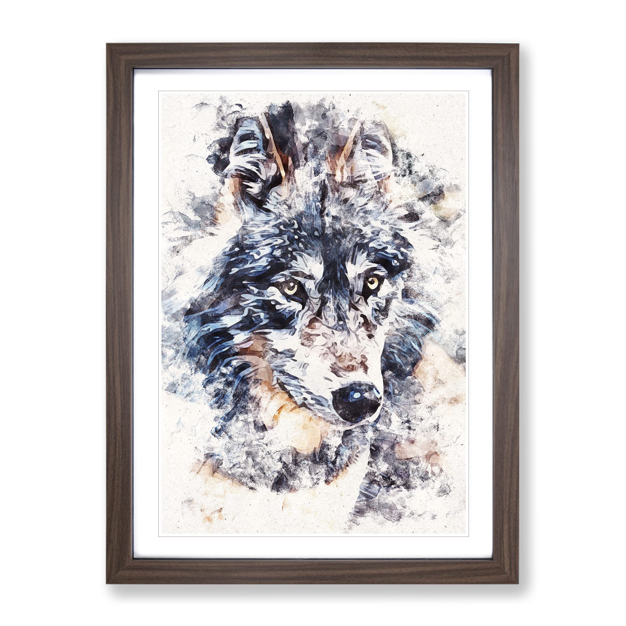 The Eyes Of A Wolf Watercolour Modern Framed Wall Art Print, Ready to Hang Picture for Living Room Bedroom Home Office Décor, Walnut A3 (34 x 46 cm)