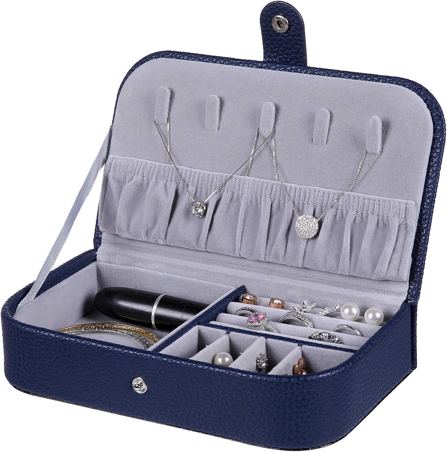 homing Small Travel Jewelry Organizer Box for Women, Portable Organizer Display Storage Case with Snap Closure for Earring Bracelet Ring Necklace, Navy Blue