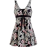 wantdo Women's Plus Size One Piece Swimsuit Floral Printed Swimdress Cover Up Skirtini Bathing Suit