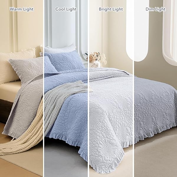 QSH CORNFLOWER BLUE STONEWASHED COTTON OVERSIZED KING QUILT BEDSPREAD SET(128″X120″),3PCS FARMHOUSE RUFFLE BEDSPREAD CALIFORNIA KING,ULTRA SOFT LIGHTWEIGHT CRINKLE QUILT COVERLET WITH PILLOW SHAMS