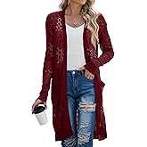 GRECERELLE Womens Lightweight Longer Length Cardigan Long Sleeve Casual Crochet Open-Front Sweater with Pockets