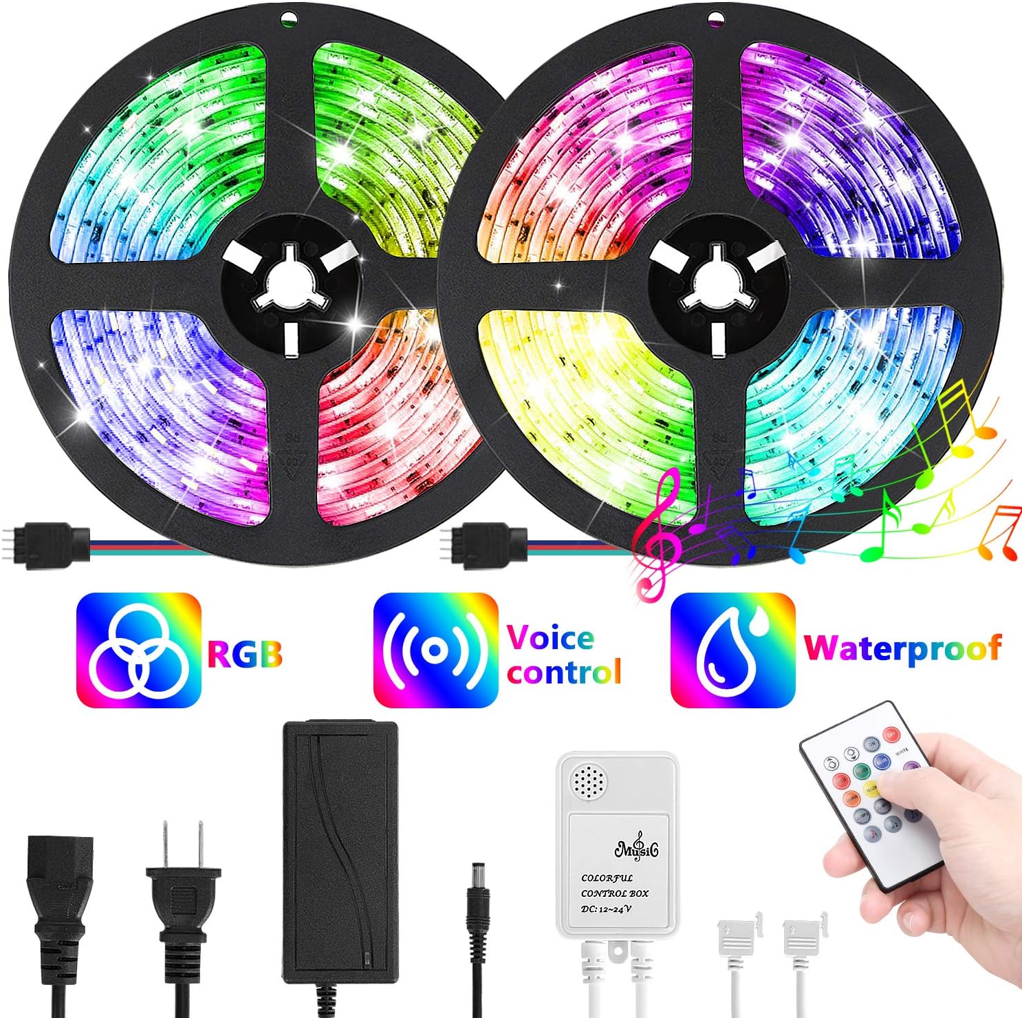 DLIANG Music LED Strip Light Kit 32.8ft Flexible Tape Lights 5050 SMD RGB 300 LEDs Waterproof IP65 Rope Light with 20 Keys Musical Wireless Controller and 12V Power Adapter for Home Kitchen Party Deco
