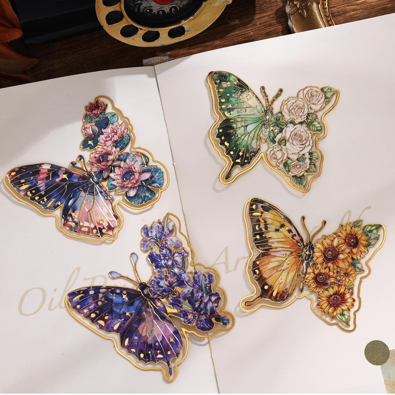 Photo 1 of 4 Pieces Metal Butterfly Bookmarks, Golden Clips Bookmark Oil Painting Theme Book Mark Bookmarks for Book Lovers Women Writers Readers Children Teens
