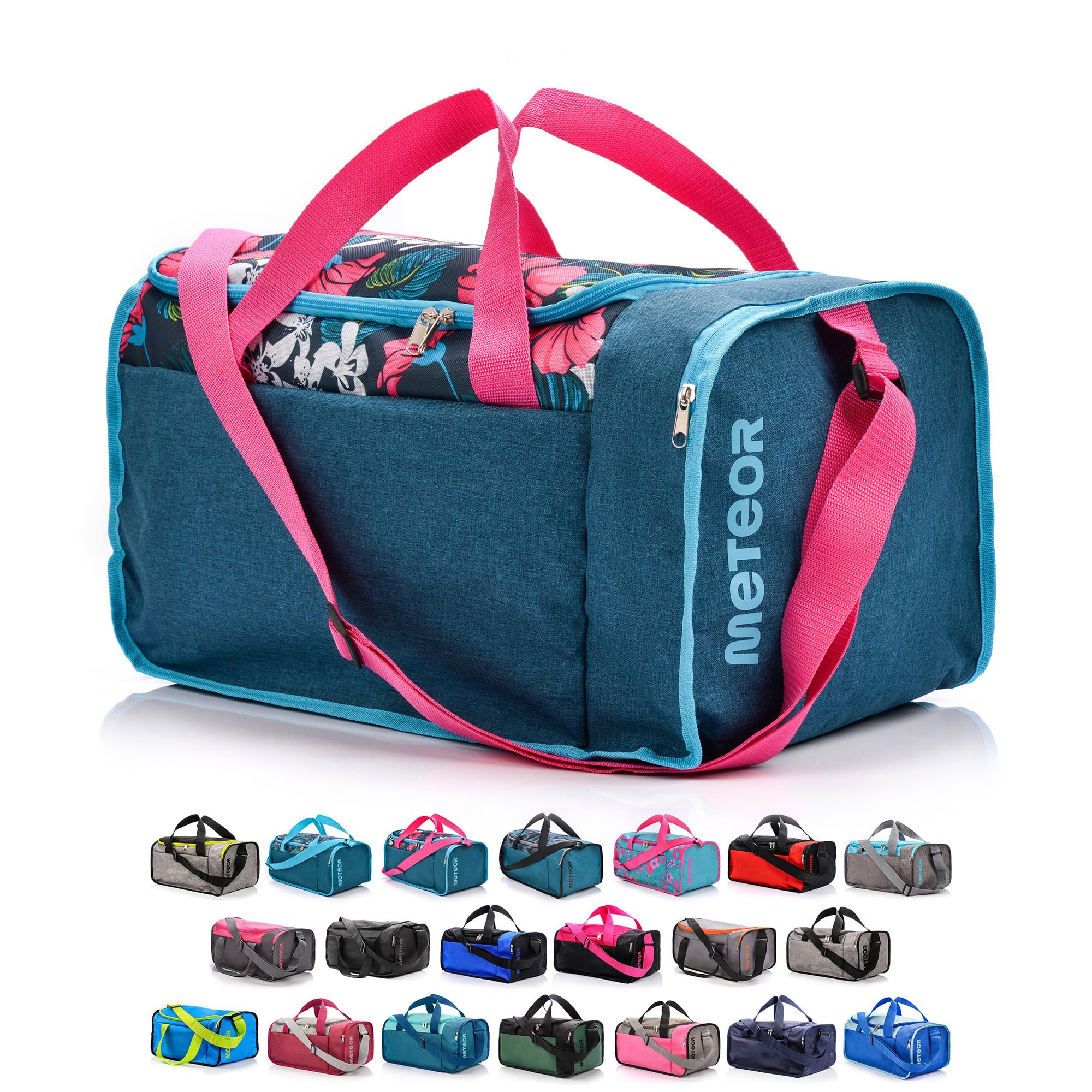 meteor Gym Bag Womens & Mens 40l - Lightweight Sports Holdall with Shoe Compartment & Shoulder Strap - Unisex Travel Duffel - Underseat Cabin Luggage for Weekend or Overnight Trip, Pink/Blue Flowers