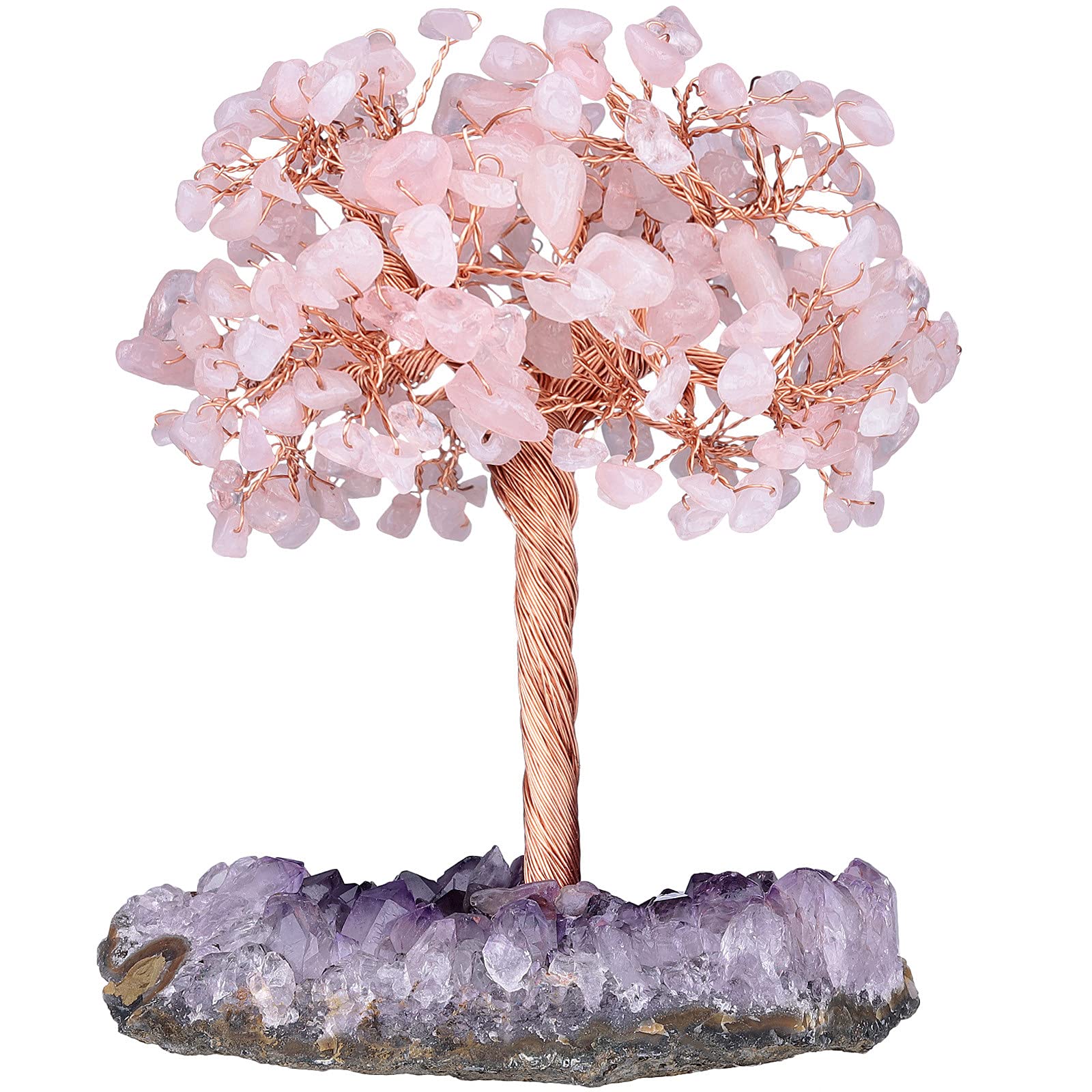 Nupuyai Rose Quartz Crystal Tree with Amethyst Cluster Base, Bonsai Money Tree Figurine Good Luck Tree Life Fengshui Ornament Home Office Decor