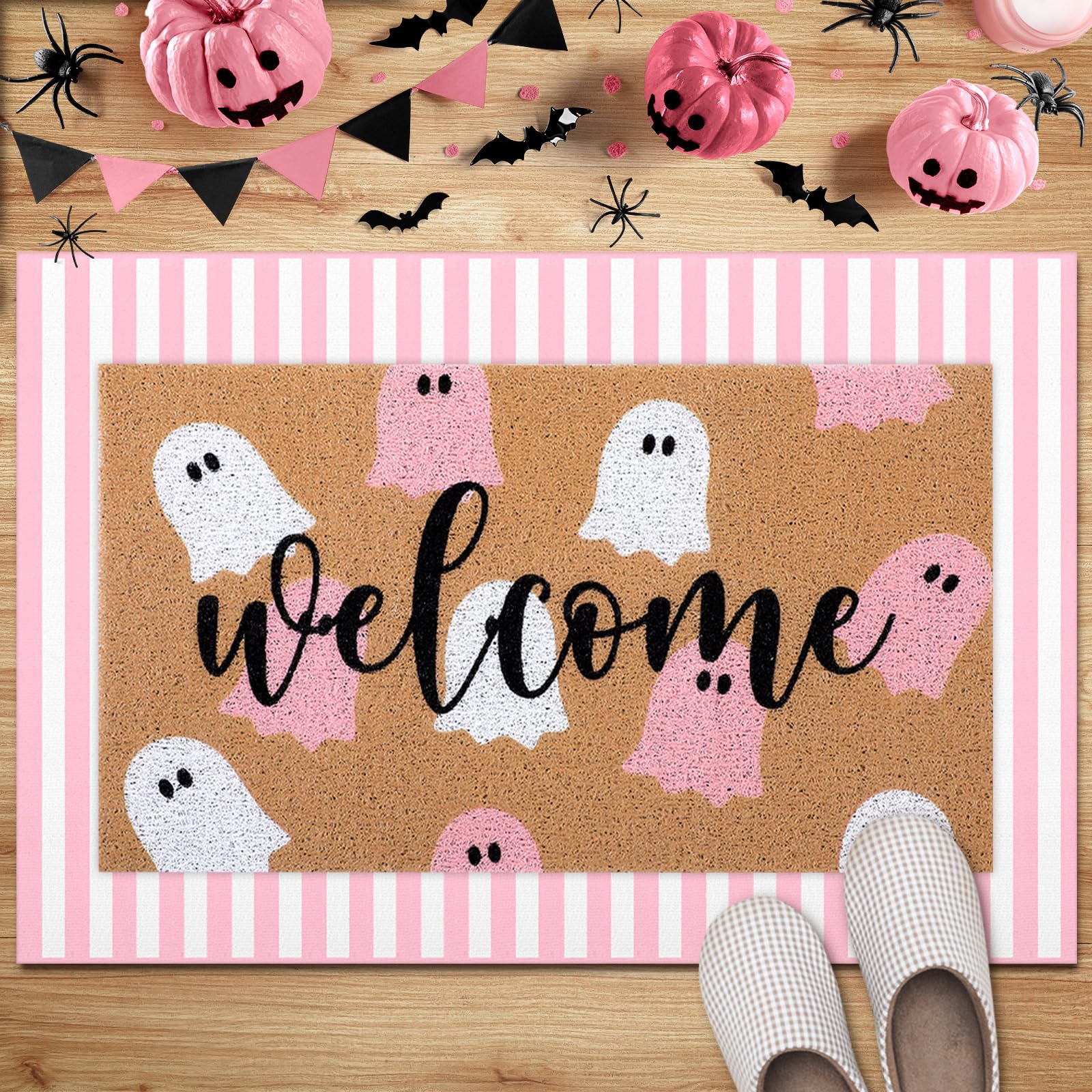 Photo 1 of Tinideya 2 Pcs Halloween Door Mat Ghost Welcome Non Slip Coir Mats Pink White Stripe Floor Layering Doormats Seasonal for Front Porch Entryway Decor(Pink White Ghost)