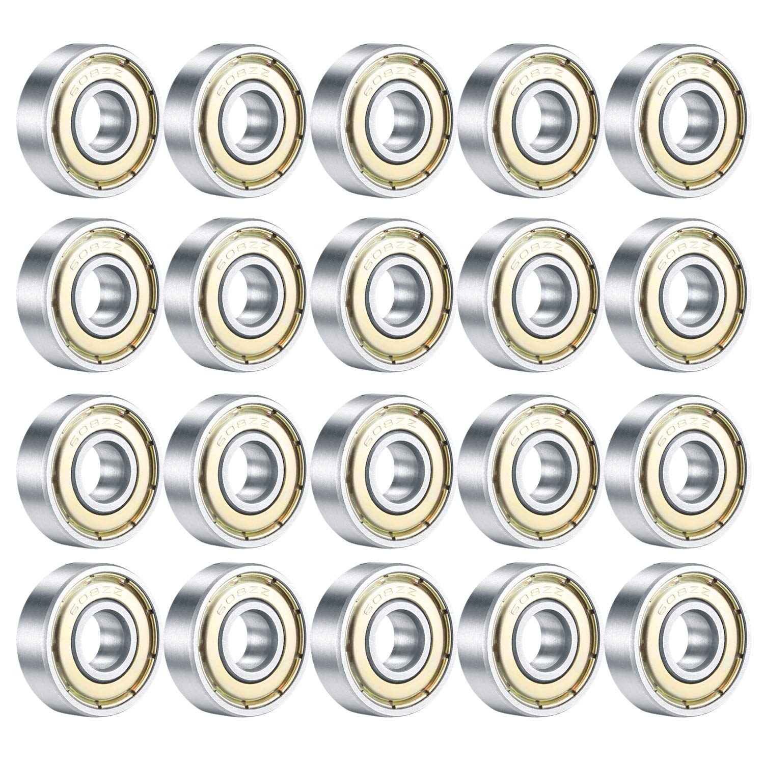 20PCS Skateboard Bearings, 608ZZ Double Shielded Ball Bearings, Small Bearing Replacement Parts for Longboard Roller Skates (Silver)