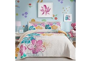 DJY Romantic Pink Teal Quilt Set Twin Size, 2 Pieces Colourful Floral Bedspread Set Bohemia Reversible Bedding Set Microfiber