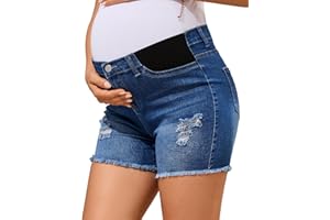 PACBREEZE Women's Maternity Mid-Rise Stretch Denim Shorts Trendy Soft Frayed Hem Pregnancy Shorts, S-XXL