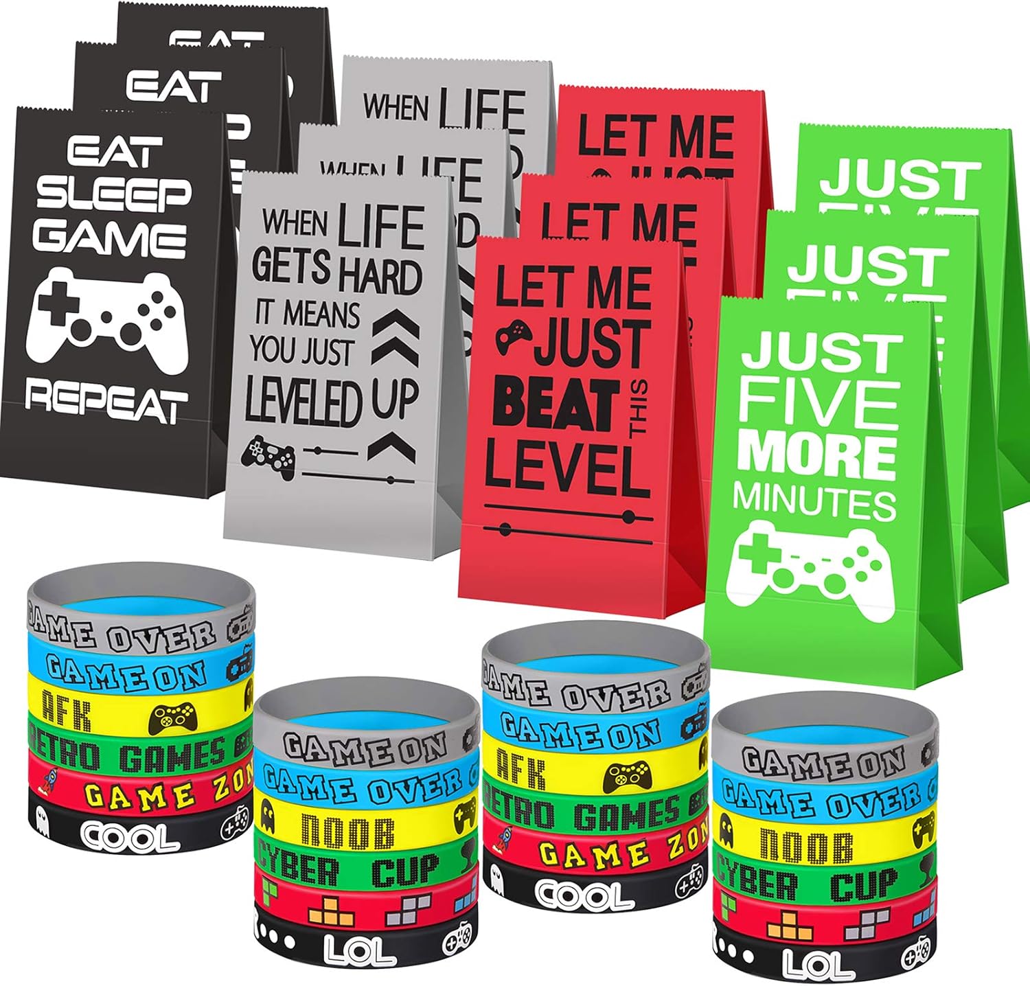 Game On Party Supplies Favors 24 Pieces Video Game Goodie Bags and 24 Pieces Video Game Bracelets Wristbands For Kids Birthday Video Game Party Supplies Favors: Toys & Games