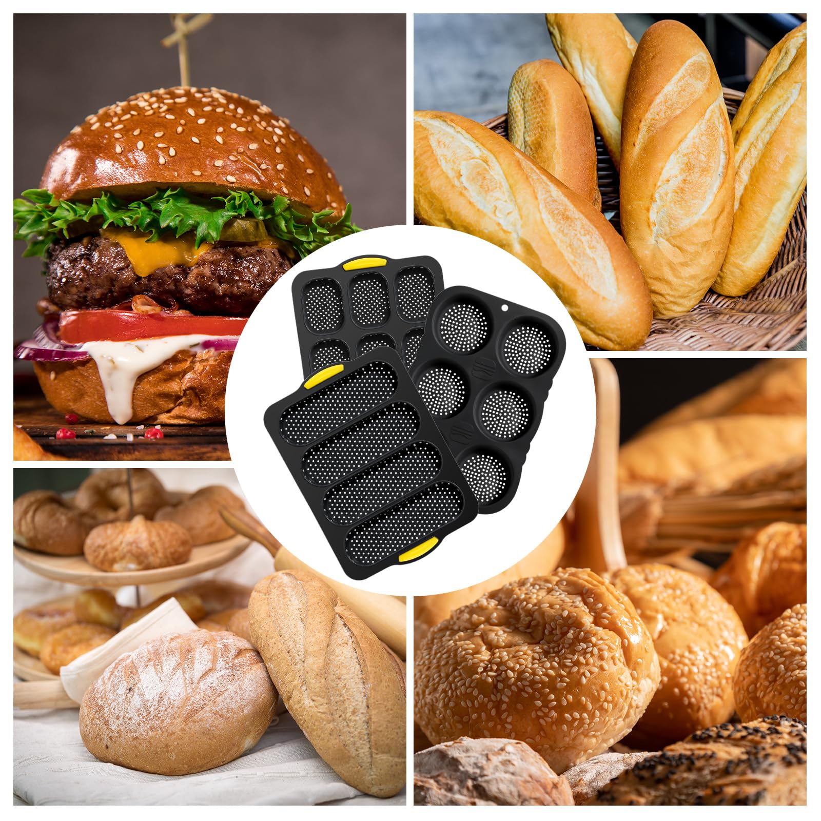 FillTouch Set of 5 Silicone Hamburger Bun Mold 4 6 9 Cup Hamburger Bun Pan with Spatula Brush Nonstick Pans for Baking Homemade Bread Loaf Sandwich Baking Tray, Fridge Dishwasher Microwave Safe