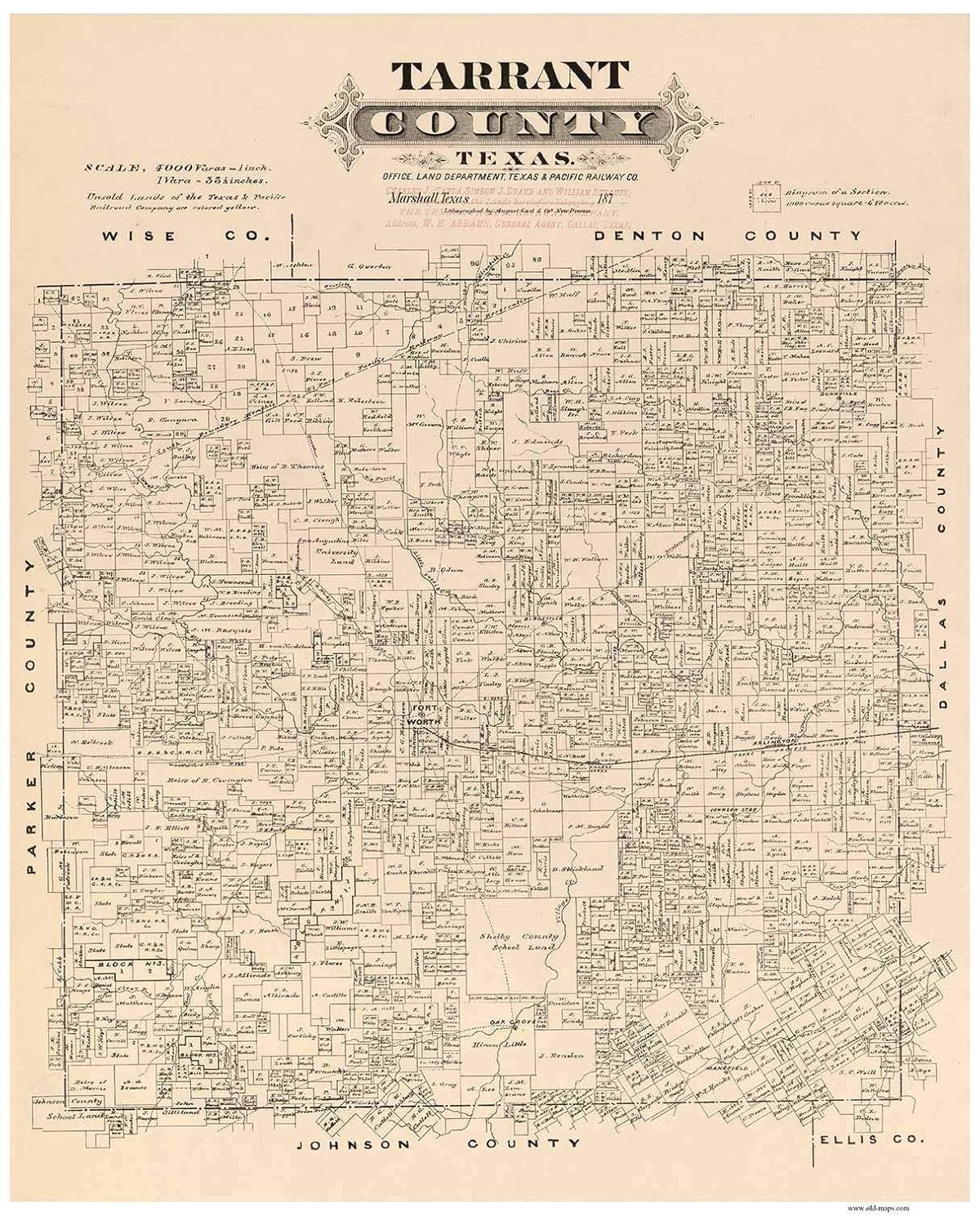 Tarrant County Texas 1870x Wall Map with Land Owners