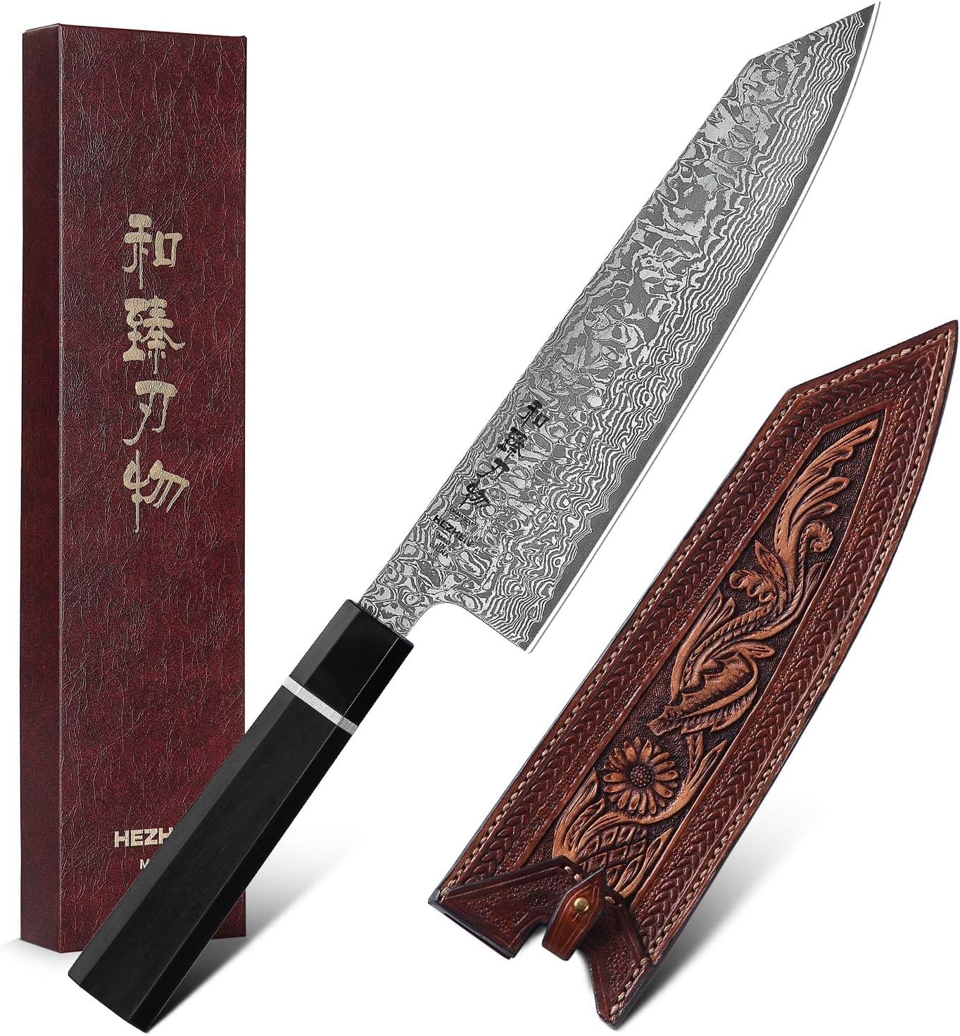 HEZHEN Kiritsuke Chef Knife 8.5 Inch 67 Layer Forged Damascus Steel Kitchen Knife Professional Cooking Knife, Ergonomics Octagonal Ebony Wood Handle, Superior Vegetable Tanned Leather Sheath