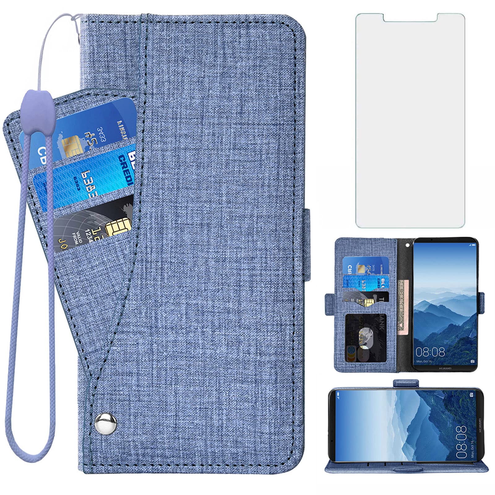 Asuwish Compatible with Huawei Mate 10 Pro Wallet Case and Tempered Glass Screen Protector Leather Flip Cover Card Holder Cell Accessories Phone Cases for Hawaii Mate10Pro Mate10 10Pro Women Blue