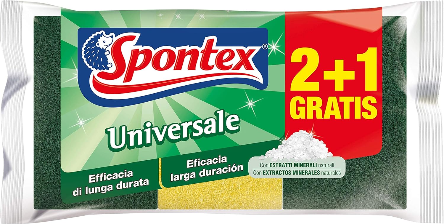 SPONTEX Spugna Verde Raschiante, 4 Pezzi, Multiuso Per Piatti E Pulizie, Resistente, Lavabile In Lavatrice, Prodotta In Francia