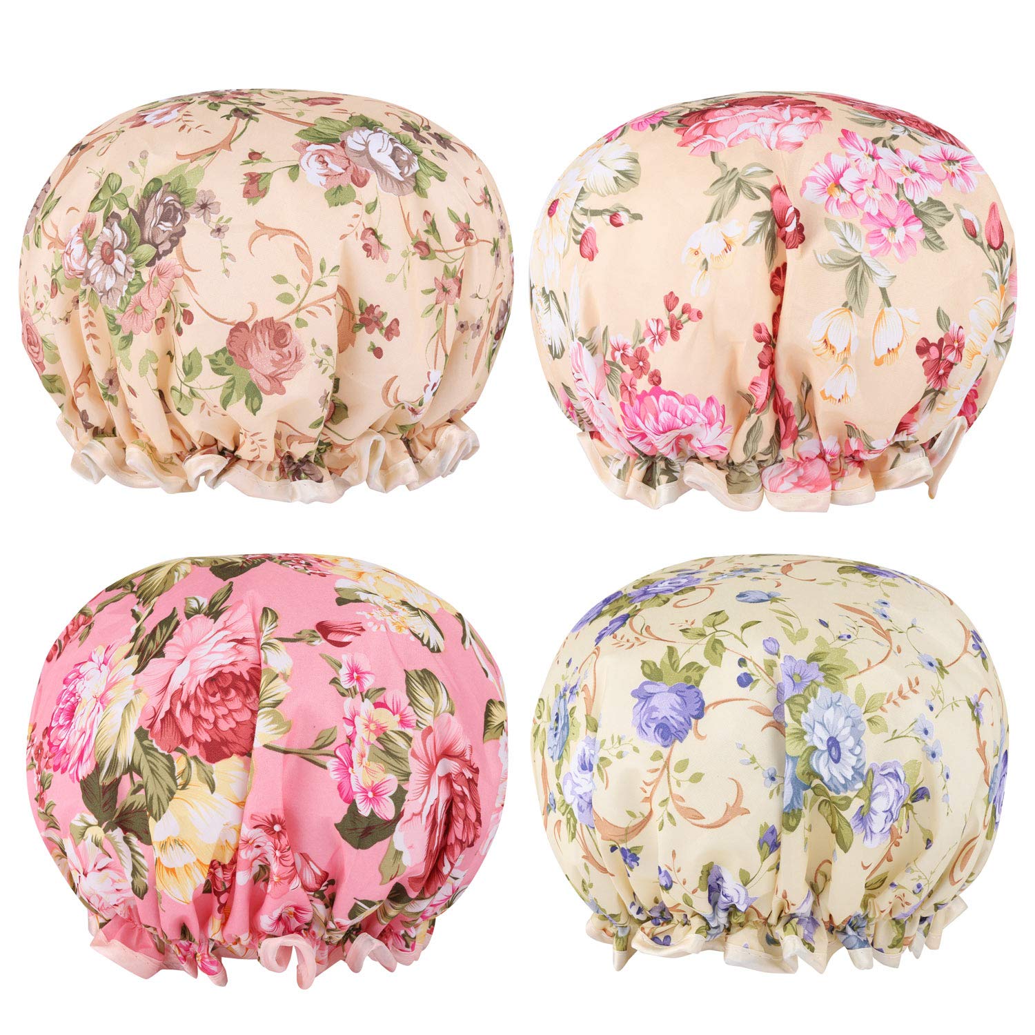 Flower Shower Caps for Women and Girl, Bath Cap 10.5" Waterproof Double Layers Reusable for Women Hair Protection EVA Plastic Lace Elastic Band : Beauty