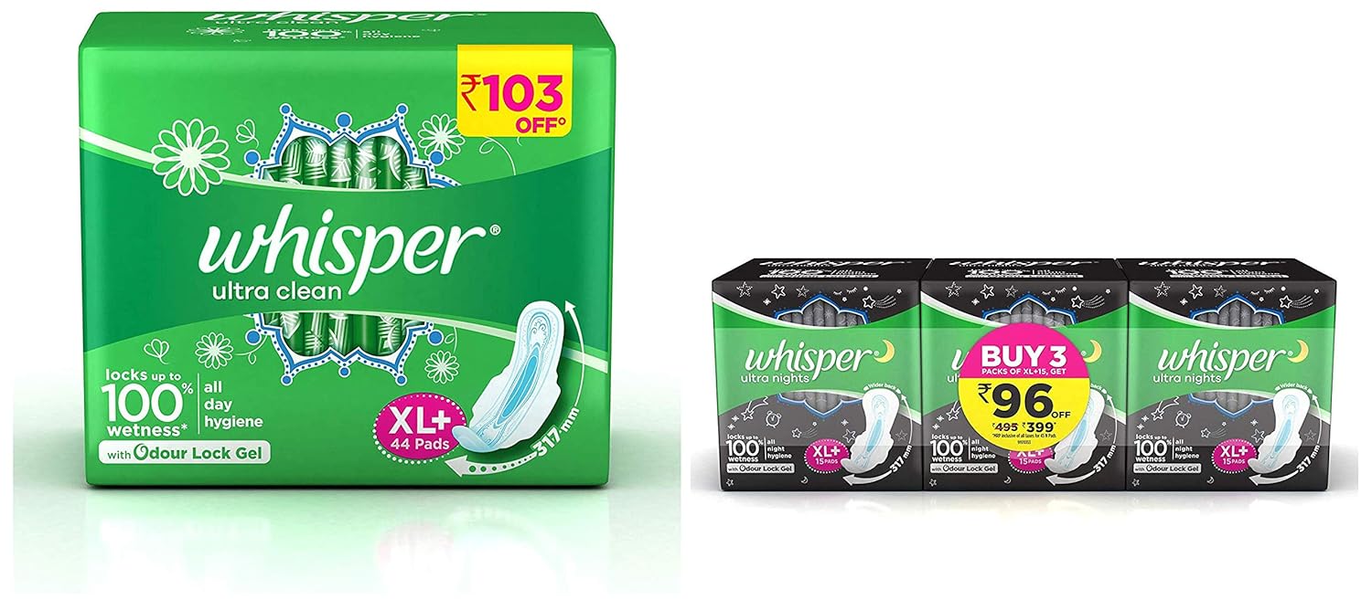 Whisper Ultra Clean Sanitary Pads - 44 Pieces (XL Plus) & Ultra Night Sanitary XL Plus Pads - 15 Count...