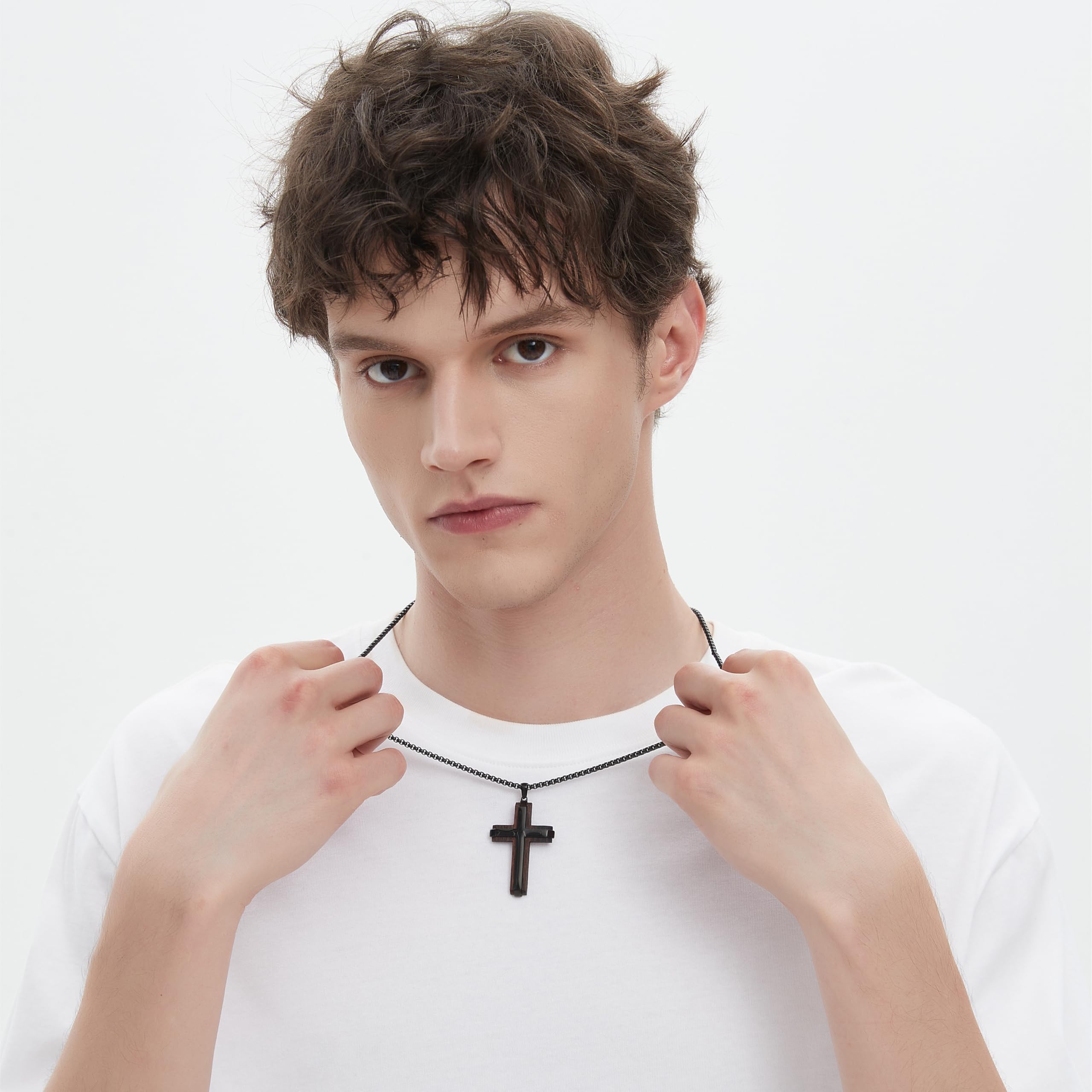 Ropartman Wooden Cross Necklace for Men, Real Ebony Mens Cross Necklaces Black Stainless Steel Christian Christian Gifts for Men Wood Crucifix Pendant, with Necklace 24