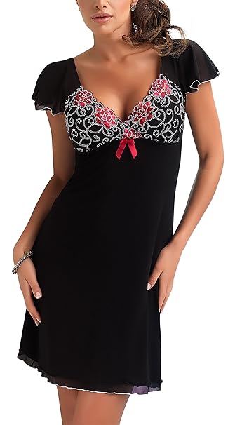 R-Dessous exklusives Nachtkleid Negligee Sleepshirt Damen Viskose Nachtwäsche Nachthemd mit Träger Dessous
