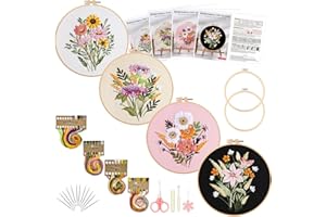 Picoey Flower Embroidery Kit for Beginners with Flower Pattern and Instructions,4 Pack Cross Stitch Kits,2 Wooden Embroidery Hoops,Threads and Needles,Needlepoint Kit for Adults
