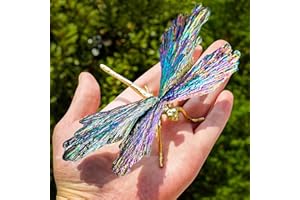 RJINGSHI Dragonfly Statue Natural Electroplated Tourmaline Dragonfly Decor Collection Natural Home Decor Healing Crystals Dragonfly Gift for Women 4.33" (Colorful-Gold, Large Size)