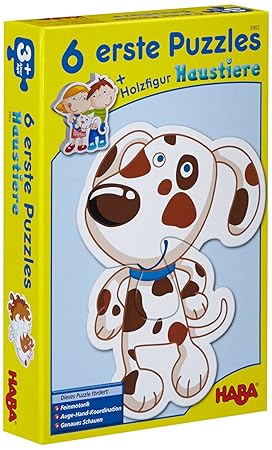 Haba 3902 - 6 Erste Puzzles, Haustiere, Puzzle mit 6 niedlichen Tiermotiven für Kinder ab 2 Jahren, mit Holzfigur zum freien 