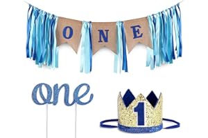 PARTYHOOMAN Baby 1st Birthday Boy Decorations with Crown - Baby Boy First Birthday Decorations High Chair Banner - Cake Smash Party Supplies - Happy Birthday ONE Burlap Banner, No.1 Gold and Blue Crown