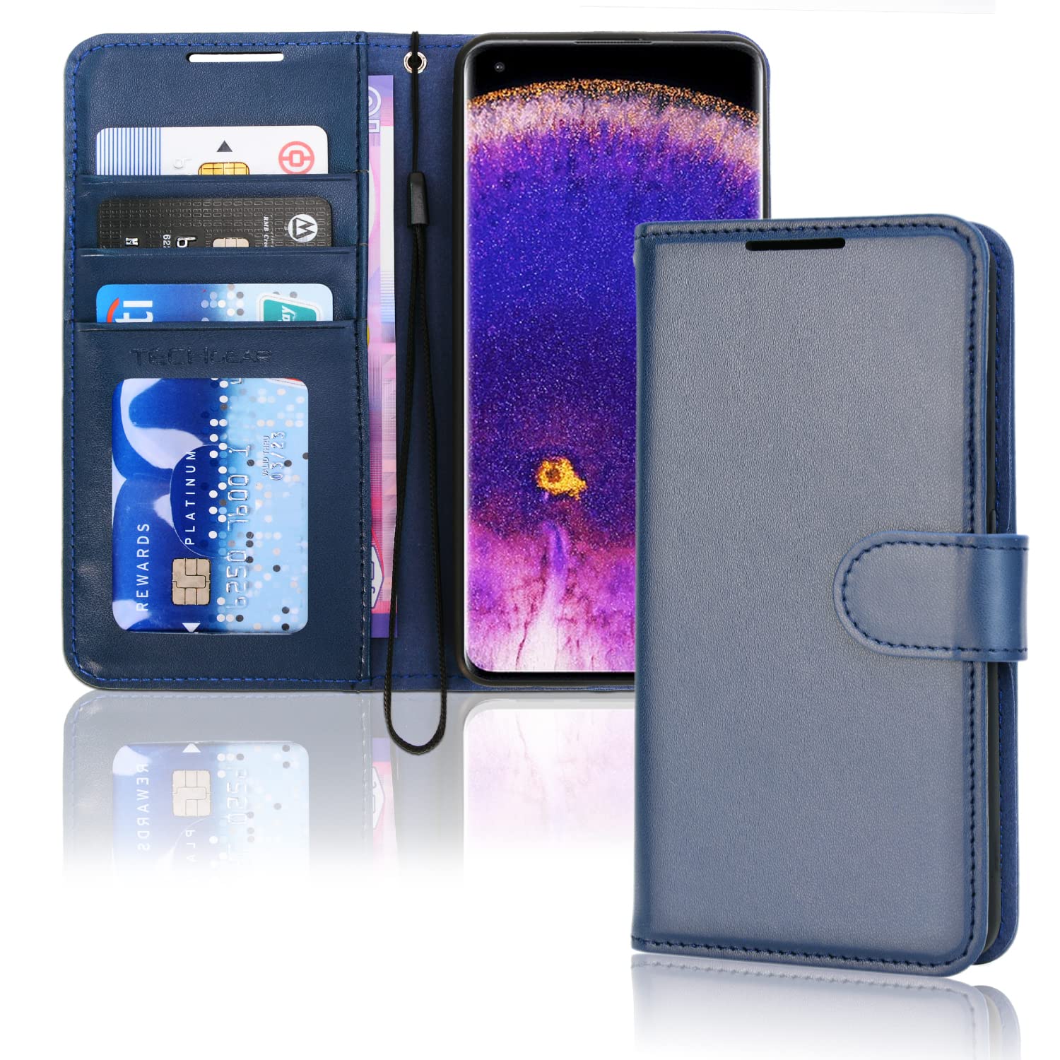 TECHGEAR Leather Wallet Case for Oppo Find X5 Pro 5G, Flip Protective Case Cover with Wallet Card Holder, Stand & Wrist Strap - Blue PU Leather with Magnetic Closure for Oppo Find X5 Pro 5G