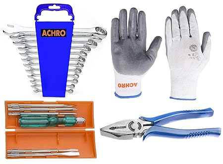 ACHRO G-919 Universal Tool Kit Set for Home/Garage (20 pcs Tool kit) Contains Worksmans Cut Proof Safety Gloves + 6 Pcs Screwdriver Set + 12 Pcs Combination Spanner Set + 8 inch Combination Plier