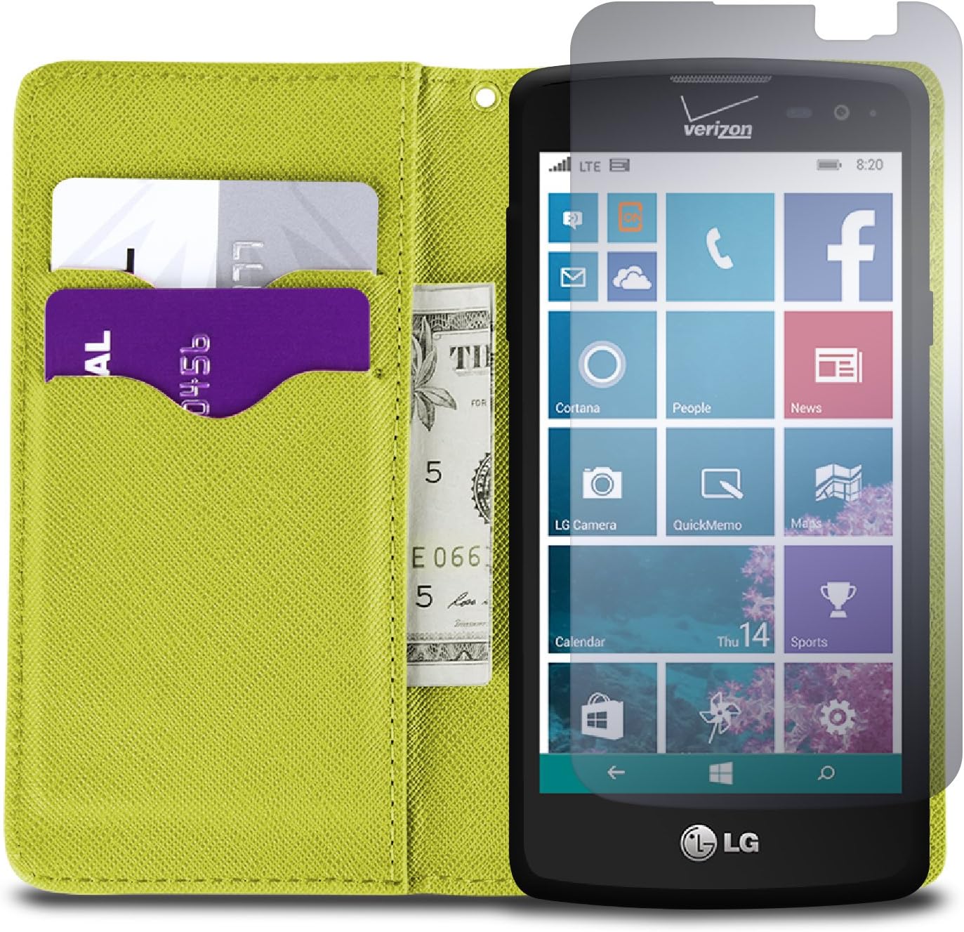 Amazon Com Lg Lancet Case Flip Stand Wallet Coveron Carryall Pouch Series Tough Textured Design Credit Card Id Slots And Wristlet Strap Phone Cover Case For Lg Lancet Vw820 Light Blue Neon Green