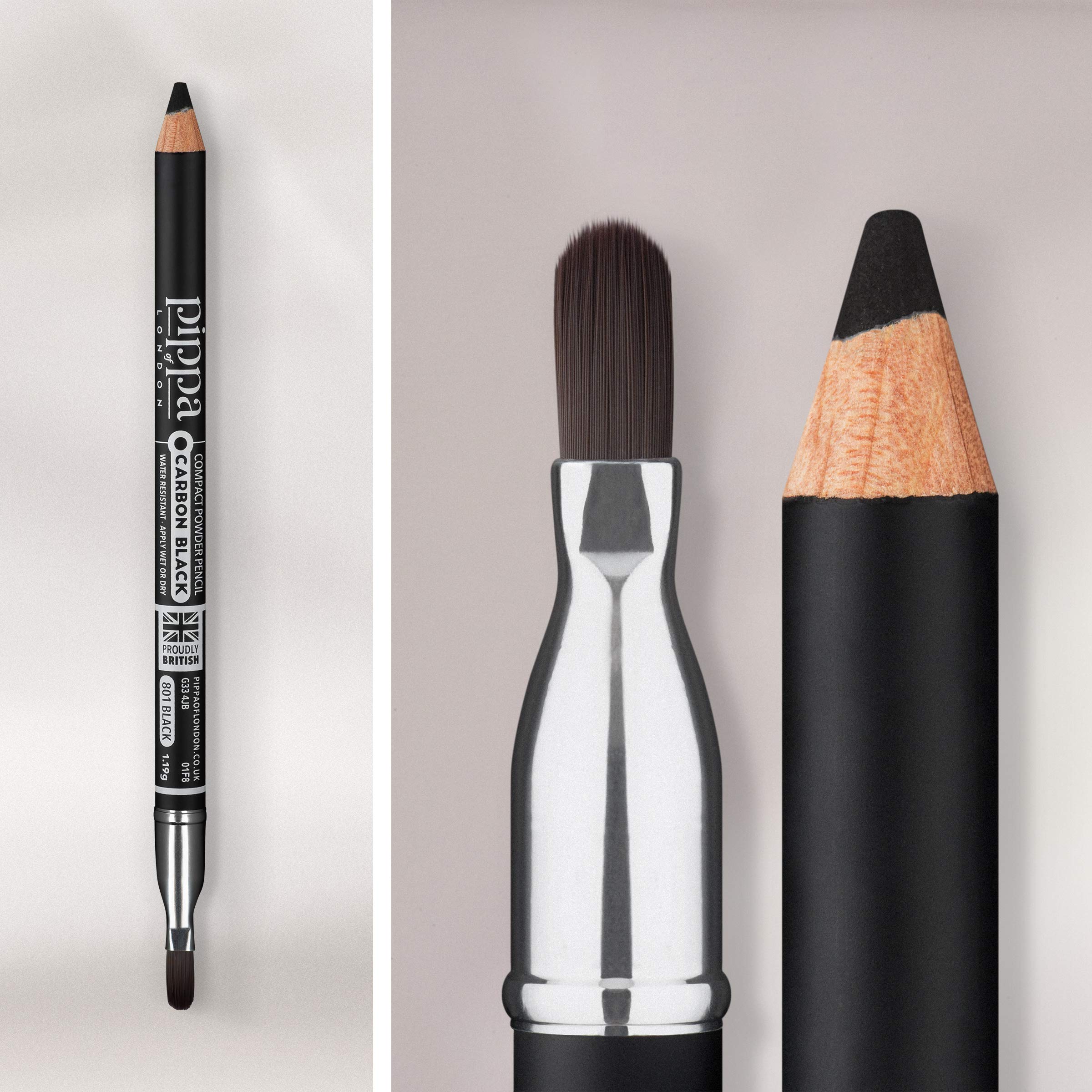 Pippa of London Black Thunder Velvet Soft Powderliner Long Lasting Black Eyeliner Pencil & Eyeliner Brush Combination - Soft Finish Eye Pencil Liner - Water Resistant Eyeliner with Blending Brush