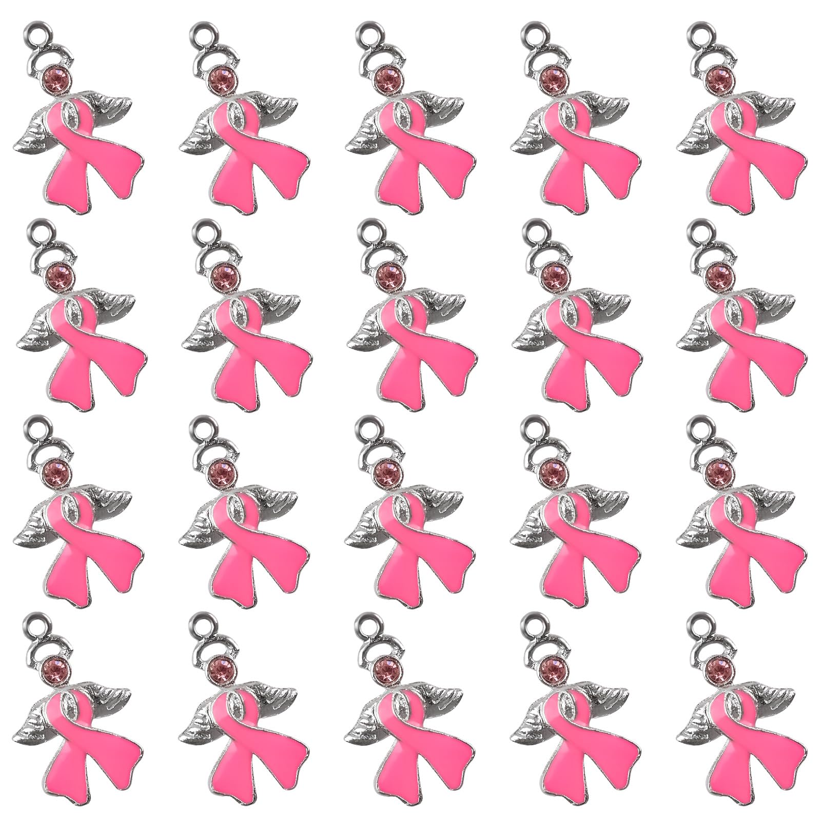 WANDIC 20 Pcs Pink Ribbon Pendants with diamond, Alloy Breast Cancer Awareness Charms with Wings Ribbon Charms Accessories for Jewelry Making