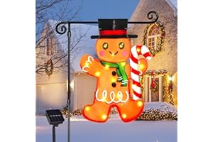 FLAGMESAGE Solar Lighted Christmas Gingerbread Man Shape Flag - 8 Modes Double Sided Yard Flag, Xmas Decorations for Patio, Lawn, Outside Garden Decor (Gingerbread Man A - 12x18)