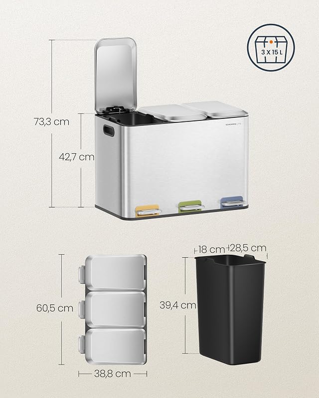 Cestino da Cucina Tripla, Pattumiera per Raccolta Differenziata 3 x 15 L con Pedali Colorati, Raccolta Differenziata, Coperchio e Secchi Interni, Acciaio, Argento Metallizzato