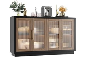 FOTOSOK Buffet Cabinet with Storage, 55.1" Large Sideboard Buffet Table, Modern Sideboard Kitchen Cabinet with 4 Fluted Glass Doors, Wood Coffee Ba for Kitchen Dining Room, Black/Brown